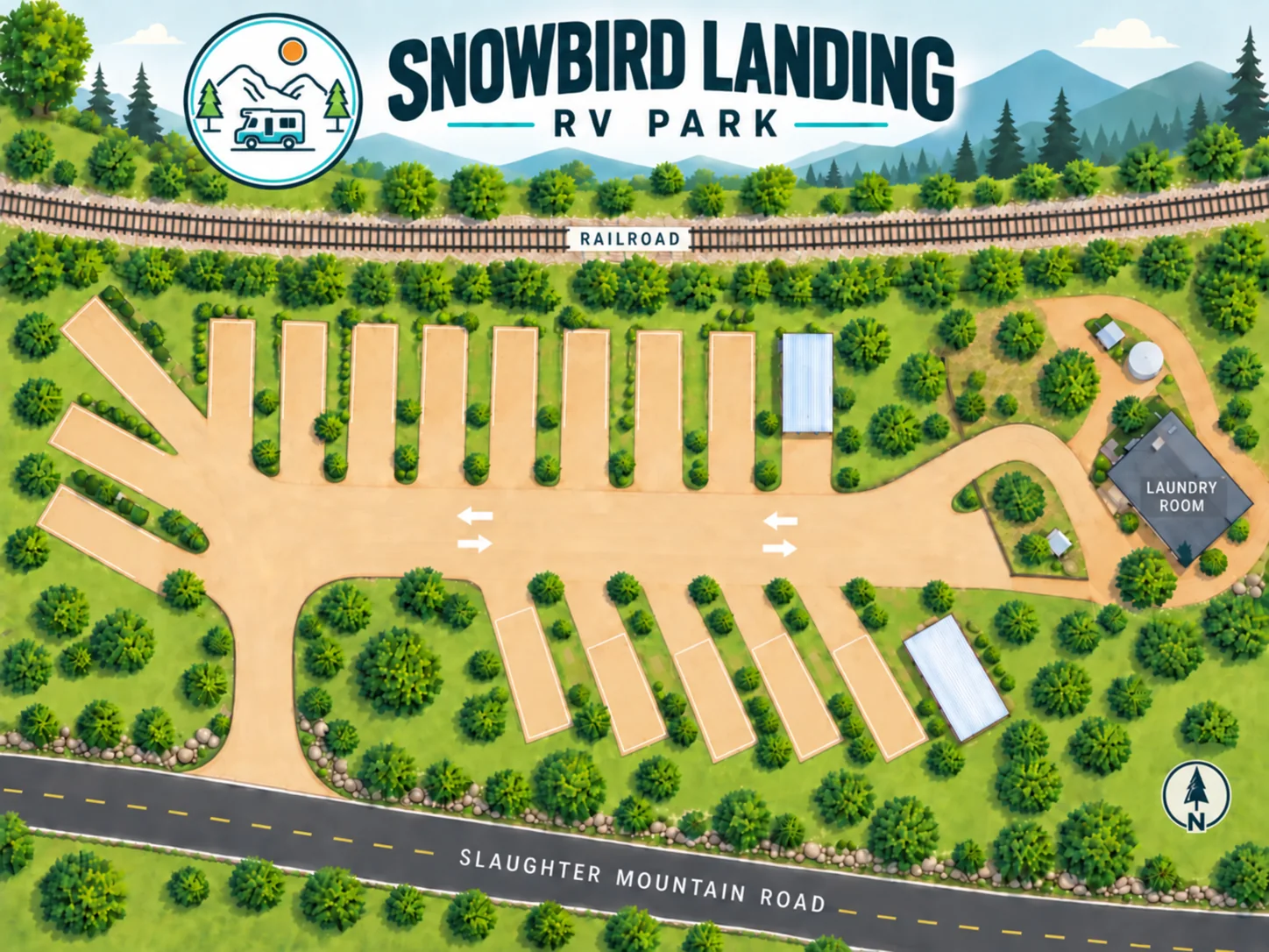 Illustrated map of Snowbird Landing's RV sites and laundry room
